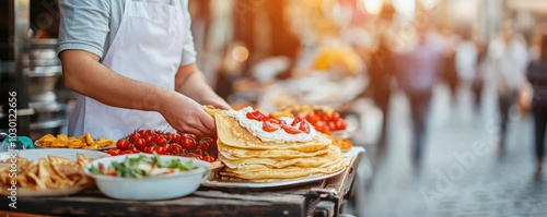 French crepe vendor in street market, sweet toppings, rustic cart, Parisian setting, French cuisine, street vendor lifestyle photo