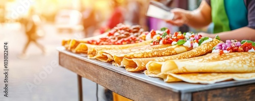 French crepe vendor in street market, sweet toppings, rustic cart, Parisian setting, French cuisine, street vendor lifestyle photo