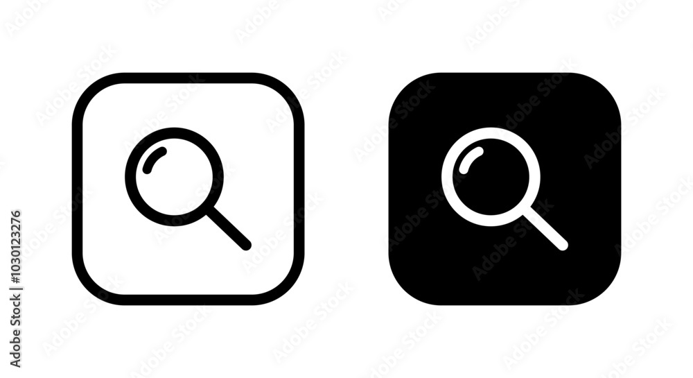 Search, magnifying glass icon on black square. Magnifier, loupe sign symbol Search, magnifying glass icon on black square. Magnifier, loupe sign symbol