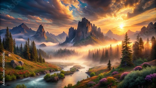 Golden Hour Illumination Over Misty Valley And River, With Majestic Mountain Peaks Reaching Towards The Sun