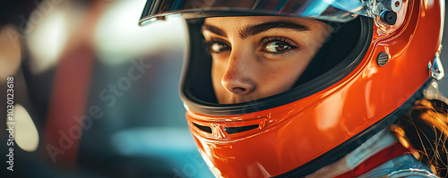 A close-up of a woman racer wearing a helmet, looking ahead with determination. Her eyes reflect her focus and intensity, ready for a race. The helmet shines with reflective light, adding emphasis to photo