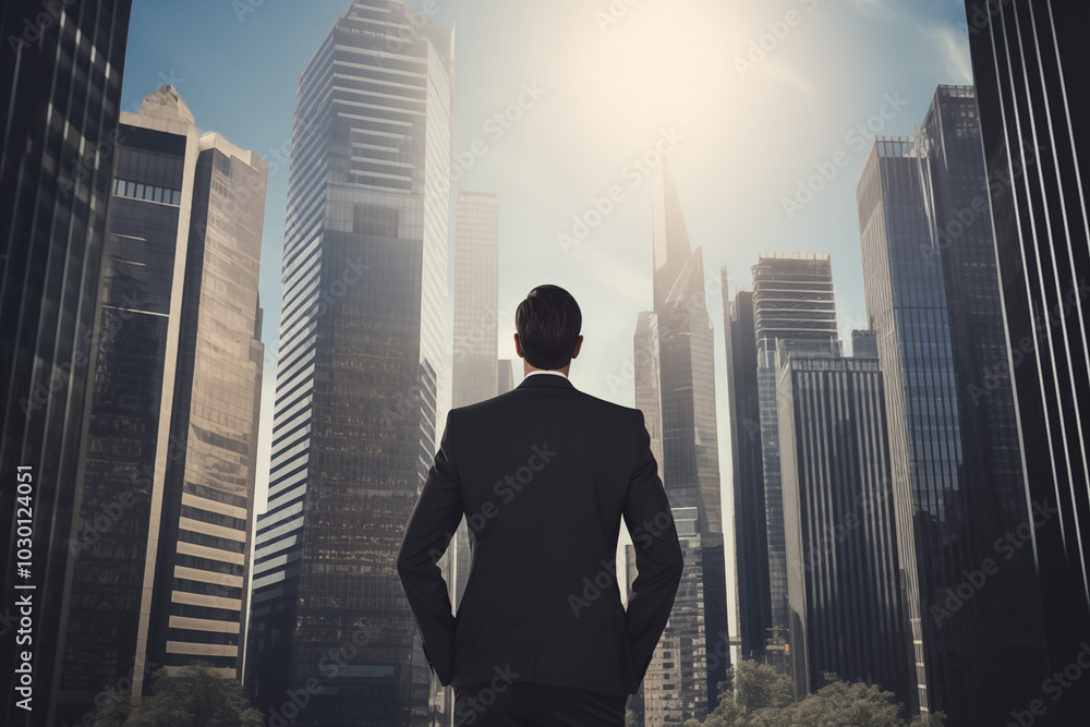 A businessman in a sleek black suit, hands in pockets, standing confidently with his back to the viewer, gazing up at towering glass skyscrapers under a clear blue sky.
A businessman in a sleek black suit, hands in pockets, standing confidently with his back to the viewer, gazing up at towering glass skyscrapers under a clear blue sky.