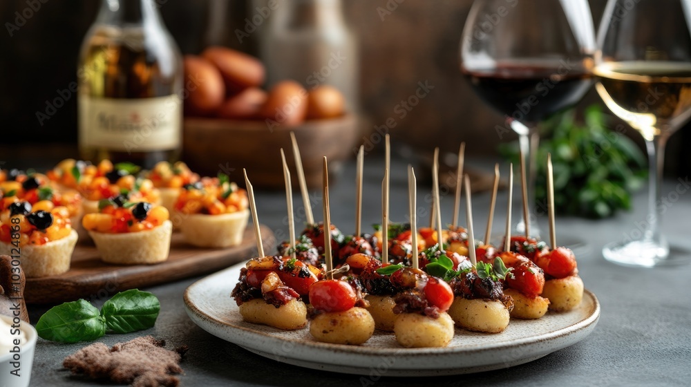 Elegant Display of Cicchetti on a Rustic Table Elegant Display of Cicchetti on a Rustic Table