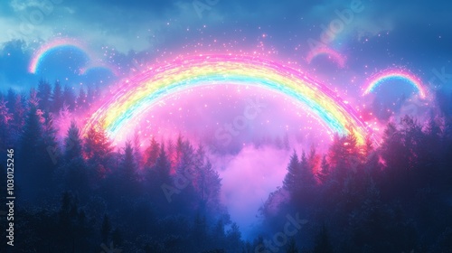 A beautiful scene featuring a colorful rainbow casting magical effects over a forest illuminated by mist and mystical lights, creating a serene atmosphere. photo