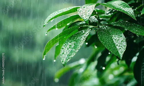 Refreshing rainstorm drenching lush green foliage in natural garden setting  Raindrops falling on vibrant leaves and plants creating a revitalizing wet and dewy outdoor scene 