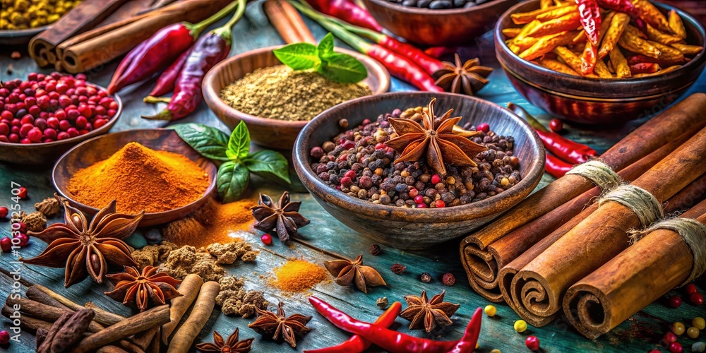 Fototapeta premium Aromatic symphony of spices a vibrant display of cinnamon sticks, star anise, chili peppers, and a medley of peppercorns, all nestled together on a weathered wooden surface.