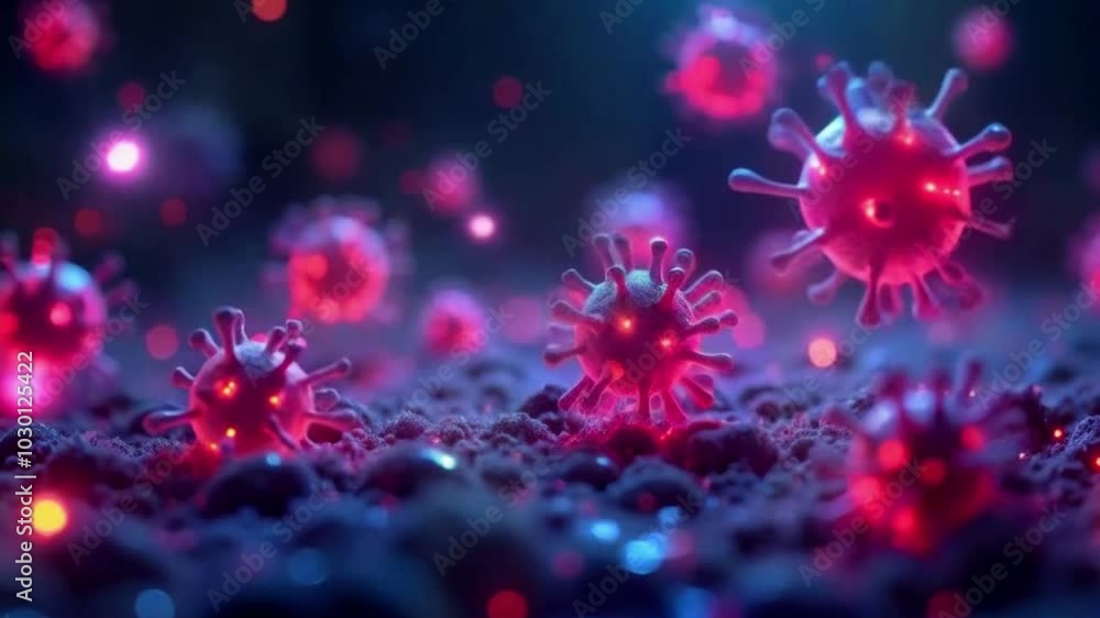 Futuristic immunology web banner with glowing low virus and bacteria cells. close-up of probiotics, bacteria.
Futuristic immunology web banner with glowing low virus and bacteria cells. close-up of probiotics, bacteria.