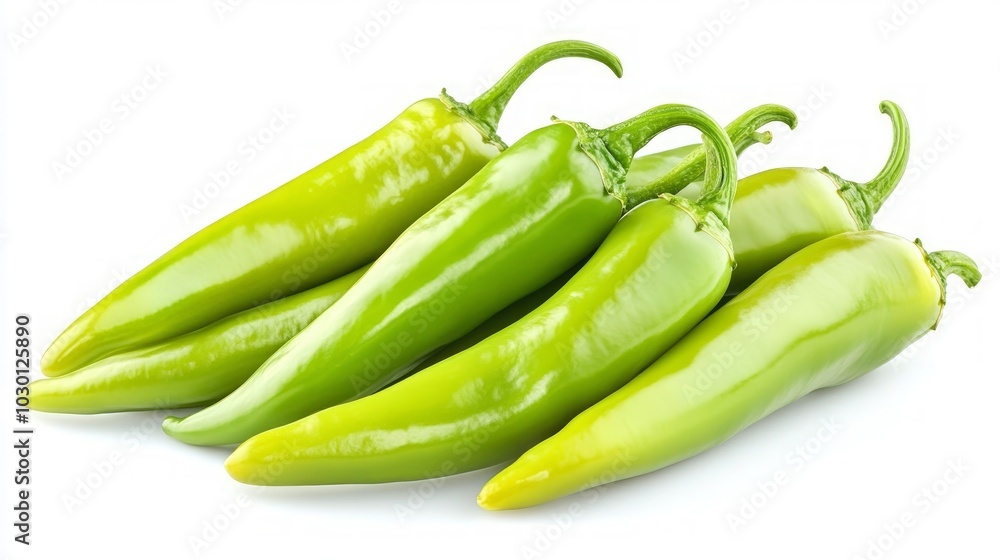 Five green chili peppers isolated on a white background. Five green chili peppers isolated on a white background.