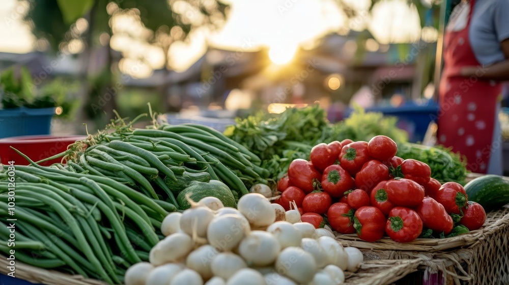Thai street food stall at dawn, fresh vegetables, serene atmosphere, local vendors, morning market, community life Thai street food stall at dawn, fresh vegetables, serene atmosphere, local vendors, morning market, community life
