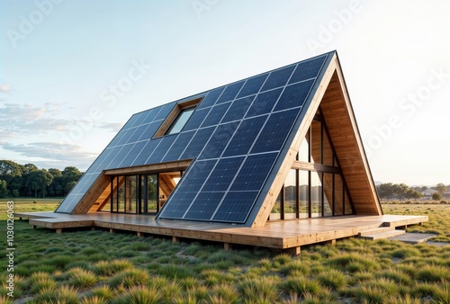 A-frame house with solar panels. A modern A-frame house with large glass windows and solar panels on the roof, surrounded by grassy landscape, showcasing eco-friendly architecture.