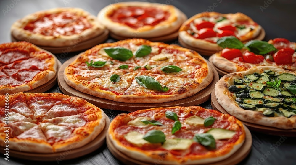 Diverse Array of Fresh Pizzas on Display Diverse Array of Fresh Pizzas on Display