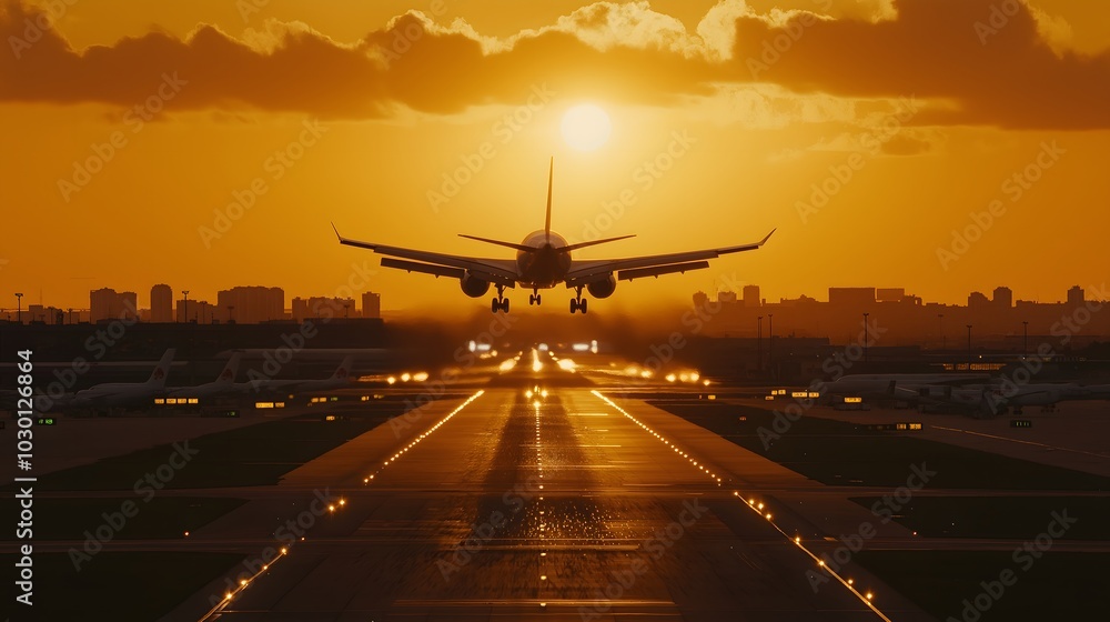 Airplane Taking Off from a Busy Airport Runway at Sunset Airplane Taking Off from a Busy Airport Runway at Sunset