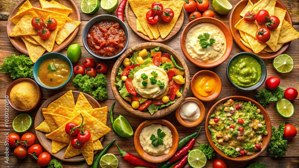 Fototapeta premium A Rustic Tabletop Display Featuring an Array of Dips, Toppings, and Crunchy Snacks, Perfect for a Shared Meal