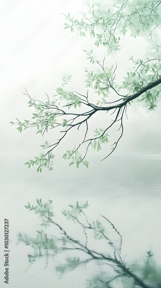 Obraz premium A tree branch, with branches and leaves hanging down, reflects in the water below it. 