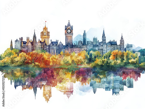 Majestic Scottish castle with autumn foliage and water reflections