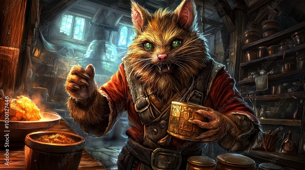 Fantasy Watercolor Cat Character in Magical Setting Fantasy Watercolor Cat Character in Magical Setting