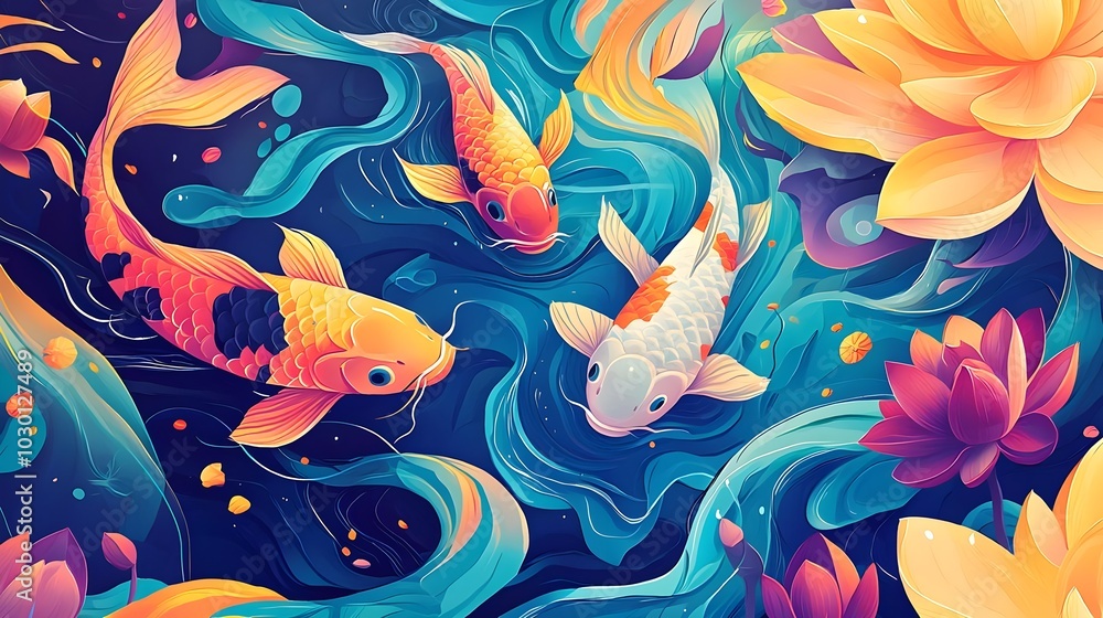 Koi Fish and Lotus Flowers Koi Fish and Lotus Flowers