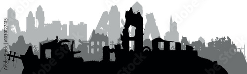 	
Silhouette of a destroyed city. Collapsed ruined houses. Vector	
