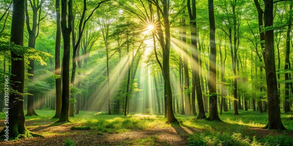 Fototapeta premium Sunlight Streaks Through a Verdant Forest Canopy, Illuminating the Lush Undergrowth and Creating a Mystical Atmosphere