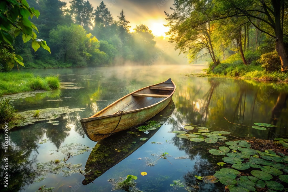 Waterlogged Canoe in Serene Nature - A Captivating Scene of Abandonment, Reflection, and Natural Decay with Lush Greenery and Calm Waters, Perfect for Conceptual Photography Enthusiasts Waterlogged Canoe in Serene Nature - A Captivating Scene of Abandonment, Reflection, and Natural Decay with Lush Greenery and Calm Waters, Perfect for Conceptual Photography Enthusiasts