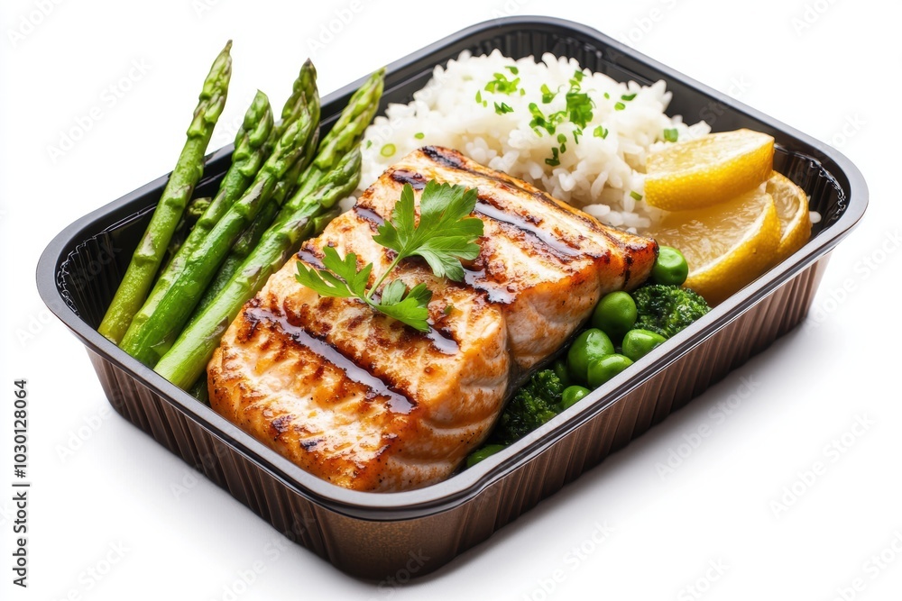 Delicious bento box featuring miso glazed salmon served over fluffy rice, perfect for a healthy meal. Delicious bento box featuring miso glazed salmon served over fluffy rice, perfect for a healthy meal.
