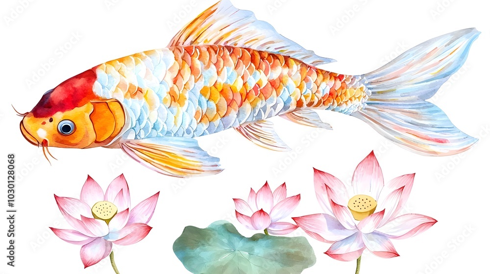 Koi Fish and Lotus Flowers