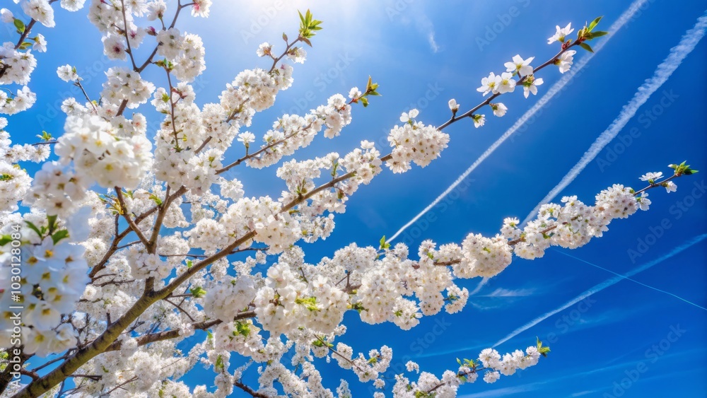 White Cherry Tree Blossoms Against Blue Sky with Airplane Trails - Nature Photography, Spring Blooms, Scenic Background, Blooming Flowers, Travel Inspiration, Sky Trails White Cherry Tree Blossoms Against Blue Sky with Airplane Trails - Nature Photography, Spring Blooms, Scenic Background, Blooming Flowers, Travel Inspiration, Sky Trails