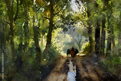 Watercolor on paper - The way of life of people living in the countryside traveling by carts pulled by oxen along difficult paths in the green forest in summer, surrounded by trees and enjoying nature