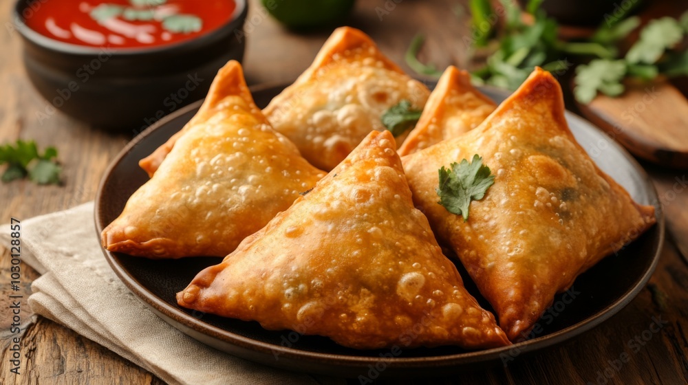 Samosas with Chutney on Rustic Table Samosas with Chutney on Rustic Table