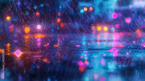 A vibrant urban scene during rain, showcasing colorful reflections in puddles and streaks of rain against glowing city lights. Perfect for mood enhancement.