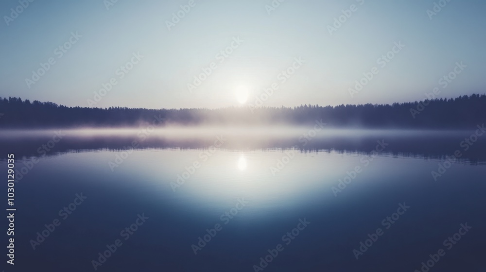 Fototapeta premium Misty Lake at Sunrise with Forest Silhouette and Blue Sky