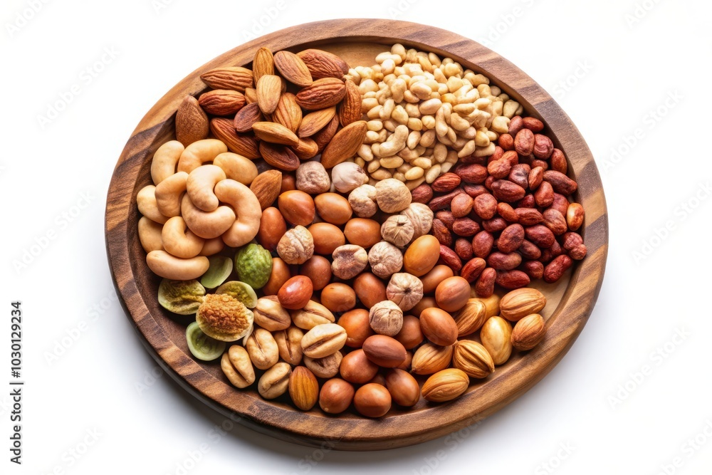Wooden Plate Filled with Mixed Nuts - Peanuts, Brazilian Nuts, Cashews, Baru, and Almonds Isolated on White Background with Copy Space for Product Photography Wooden Plate Filled with Mixed Nuts - Peanuts, Brazilian Nuts, Cashews, Baru, and Almonds Isolated on White Background with Copy Space for Product Photography