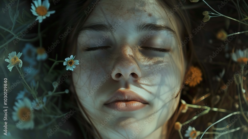 Close Up Portrait of Woman with Eyes Closed Surrounded by Daisies Close Up Portrait of Woman with Eyes Closed Surrounded by Daisies