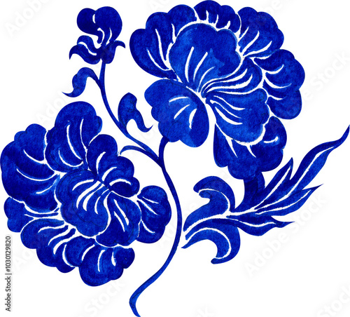 blue peony vine with two large flowers and one bud in the center, hand-drawn watercolor illustration