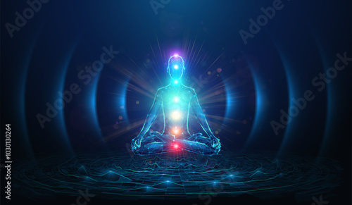 Abstract illustration of human figure floating in lotus yoga pose with glowing chakra points in low poly style. Geometric background depicting mental health and meditation concept by wireframe mesh