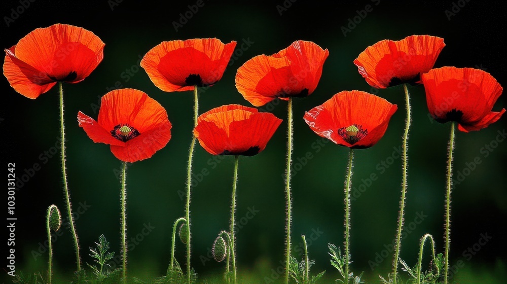 Naklejka premium Red Poppy Flowers in Bloom Against a Dark Background
