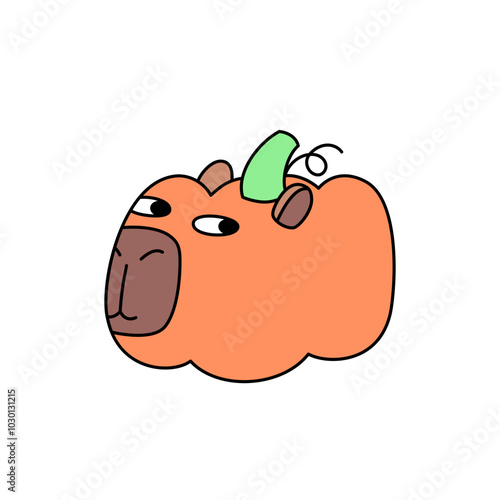 Capybara head in the form of a pumpkin vegetable. Clipart on the theme of fairy tales and magic. Funny joke character for halloween