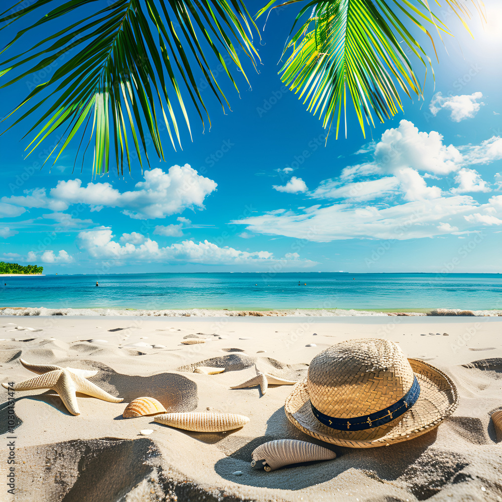 Sunny beach with white sand, palm trees, and a straw hat. Sunny beach with white sand, palm trees, and a straw hat.
