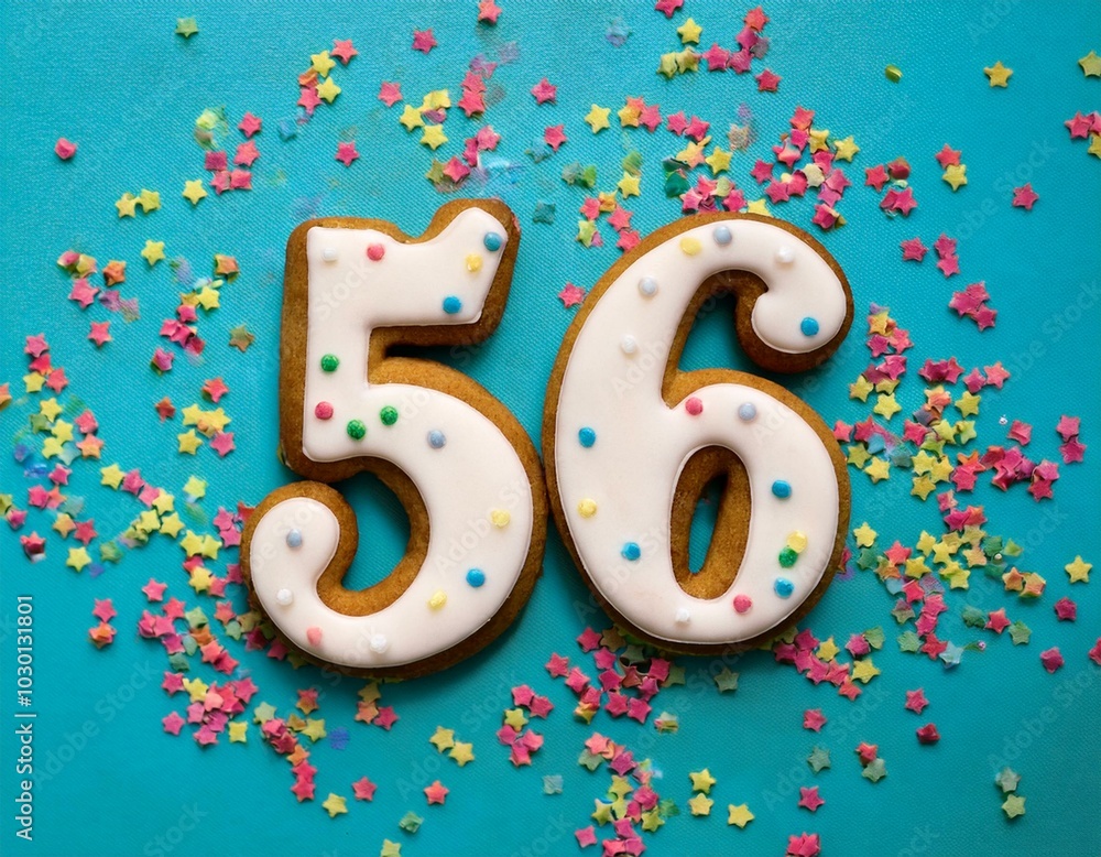 Decorated cookie, number 56, image for birthday or anniversary celebration Decorated cookie, number 56, image for birthday or anniversary celebration