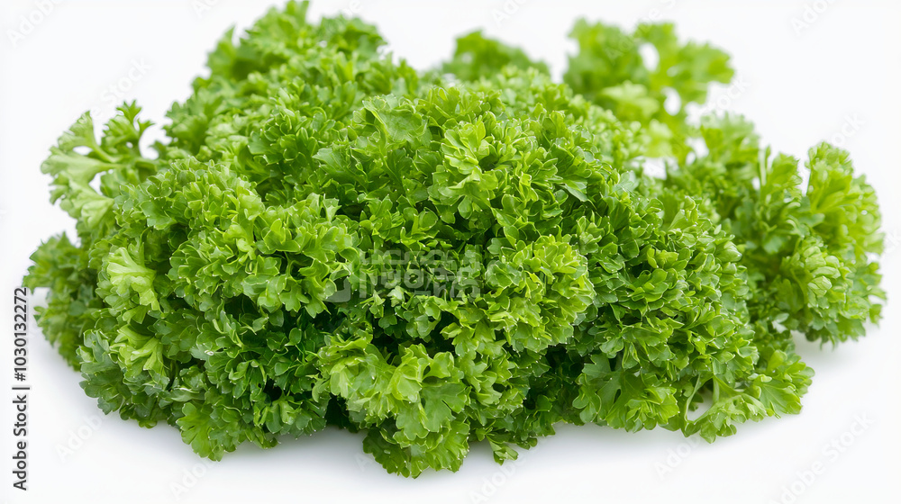 A bunch of fresh cilantro with its delicate, curly leaves, isolated on a white background A bunch of fresh cilantro with its delicate, curly leaves, isolated on a white background