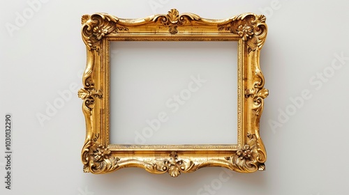 Elegant Rococo gold frame mockup with lavish detailing and scrollwork. Sophisticated photoframe template advertising image. Classic pictureframe mock up product photorealistic