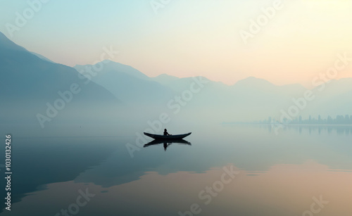 A tranquil scene of a man in a small boat on Dal Lake, surrounded by misty mountains at dawn in winter, creates a serene and dreamlike atmosphere