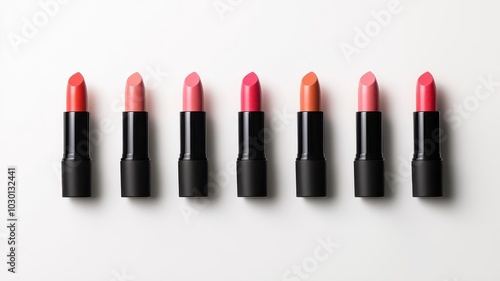 Lipsticks arranged in a straight line by shade, with a clean white background and soft shadows emphasizing the sleek design, 3D illustration