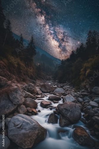 Long-exposure shot of the Milky Way over Aharbal Waterfalls in South Kashmir, with a dark forest, rocky mountain stream, and starry night sky photo