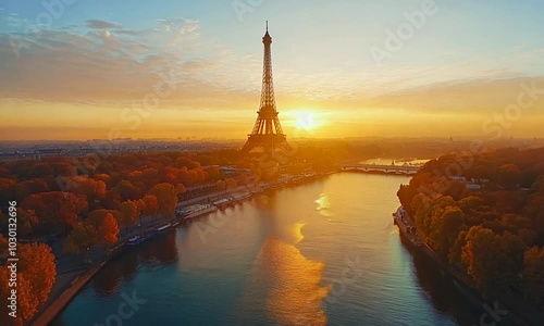 A stunning sunrise over the Seine River, featuring the Eiffel Tower amidst autumn foliage.