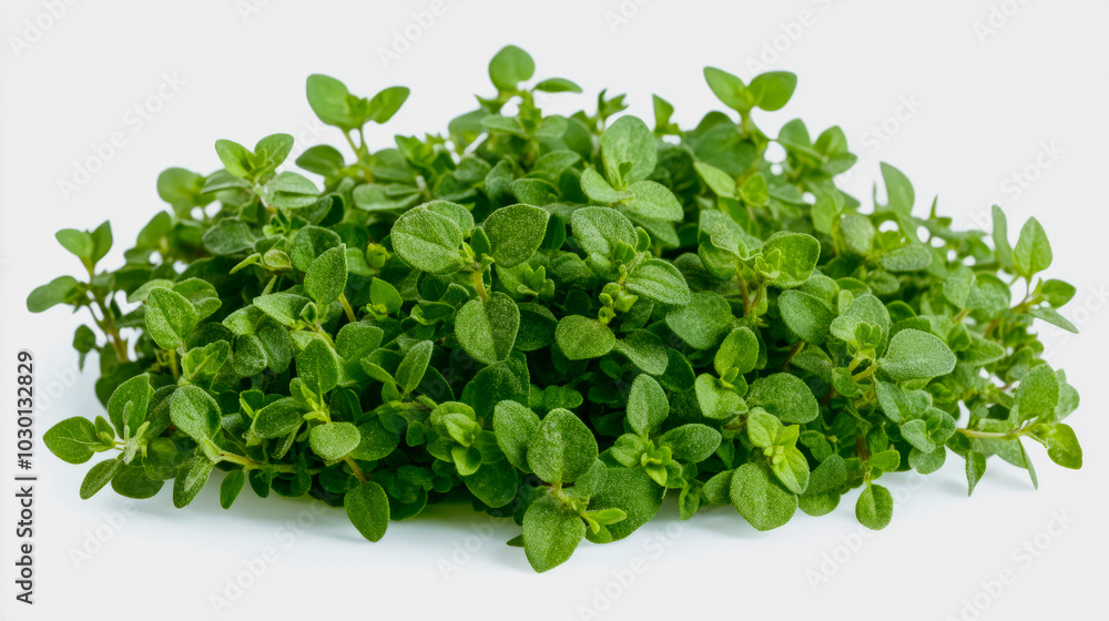 A bunch of fresh lemon thyme leaves with small, delicate stems, isolated on a white background A bunch of fresh lemon thyme leaves with small, delicate stems, isolated on a white background