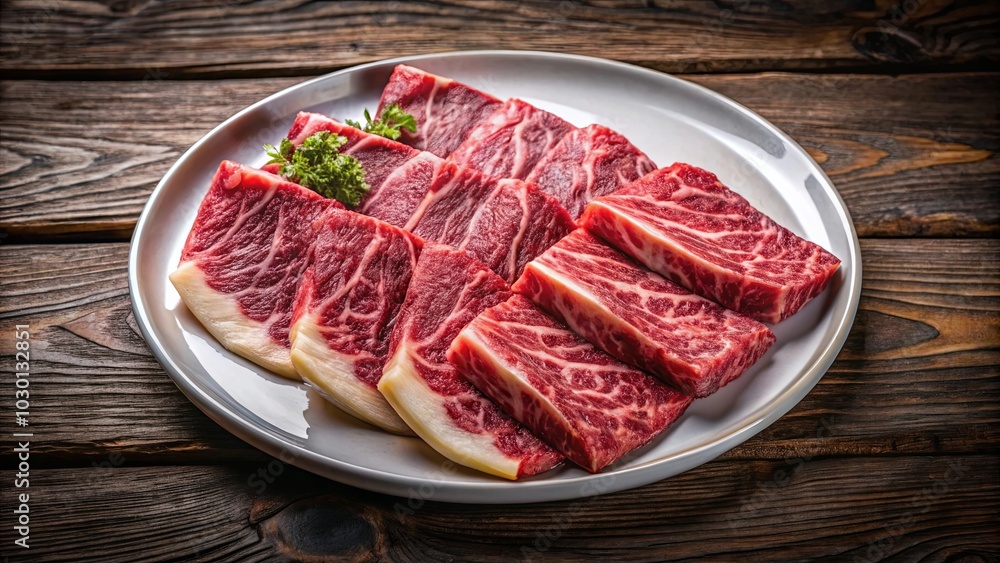 Raw Beef Slices Ready for Grilling, a Culinary Delicacy Presented on a Simple White Plate Against a Rustic Wooden Background Raw Beef Slices Ready for Grilling, a Culinary Delicacy Presented on a Simple White Plate Against a Rustic Wooden Background