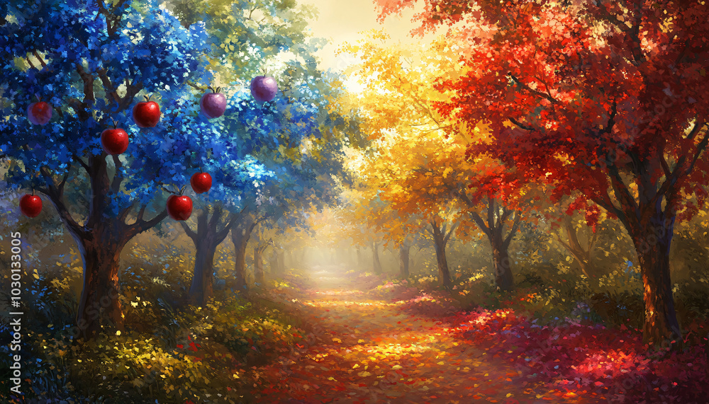 A peaceful orchard filled with rows of trees whose leaves are glowing in rainbow colors. Red, blue, green, and golden apples dangle from the branches A peaceful orchard filled with rows of trees whose leaves are glowing in rainbow colors. Red, blue, green, and golden apples dangle from the branches