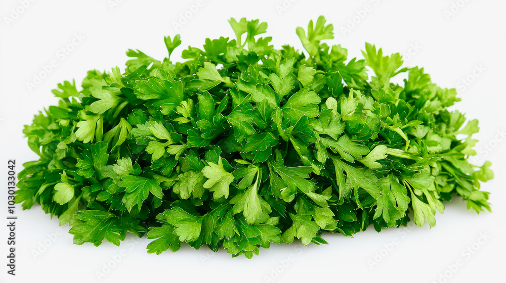 A bunch of fresh parsley leaves with their crisp, bright green appearance, isolated on a white background A bunch of fresh parsley leaves with their crisp, bright green appearance, isolated on a white background
