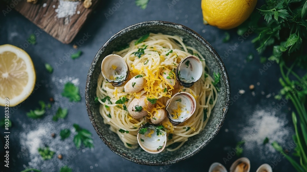 Aerial View of Fresh Spaghetti Dish with Clams Aerial View of Fresh Spaghetti Dish with Clams